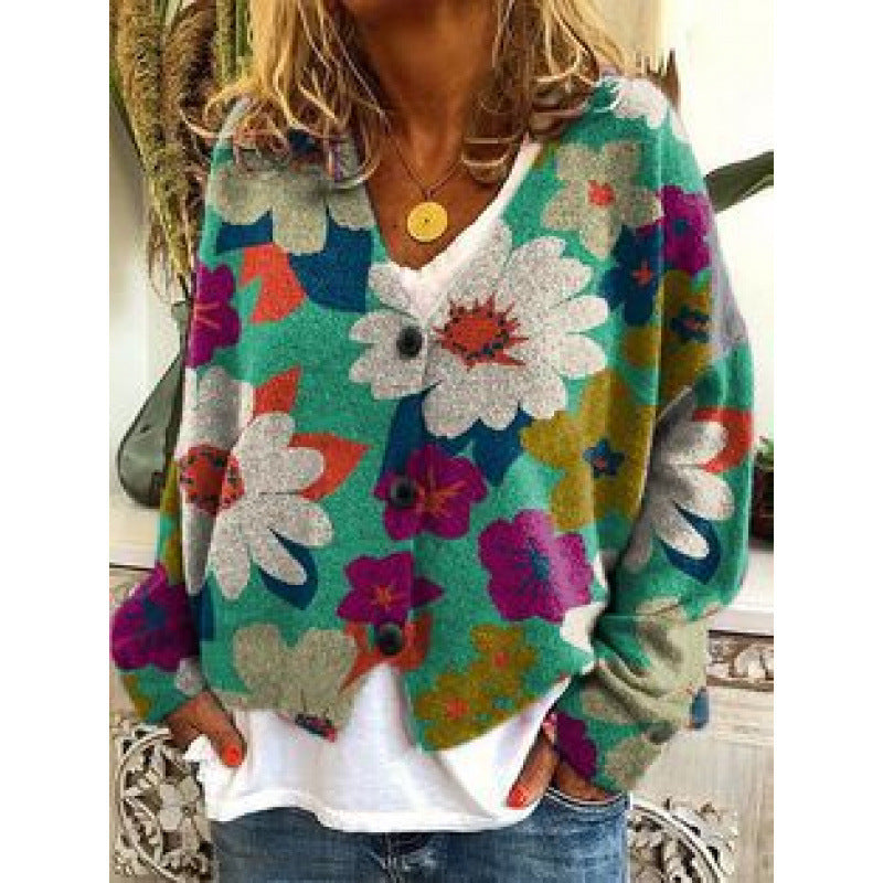 Women's Cardigan Sweater Artistic Retro Printing Colorful Flora