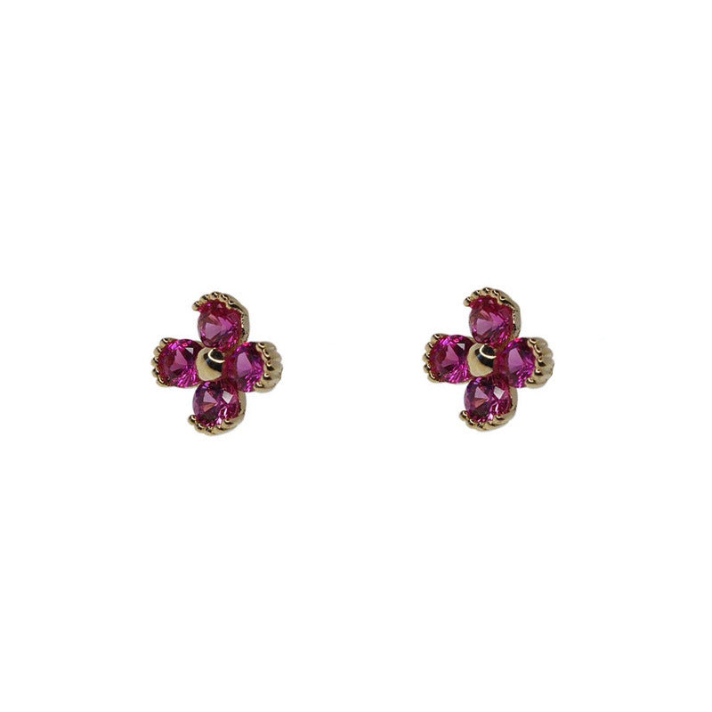 925 Silver Rose Red Little Flowers Ruby Stud Earrings