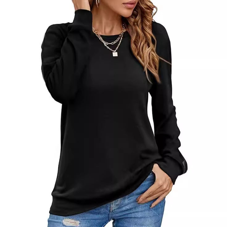 European And American Style Women Long Sleeve Shirt Solid Color Round Neck Coat