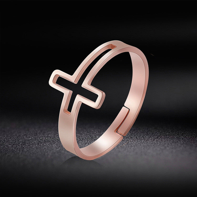 Flat Rose Gold Religious Cross Ring