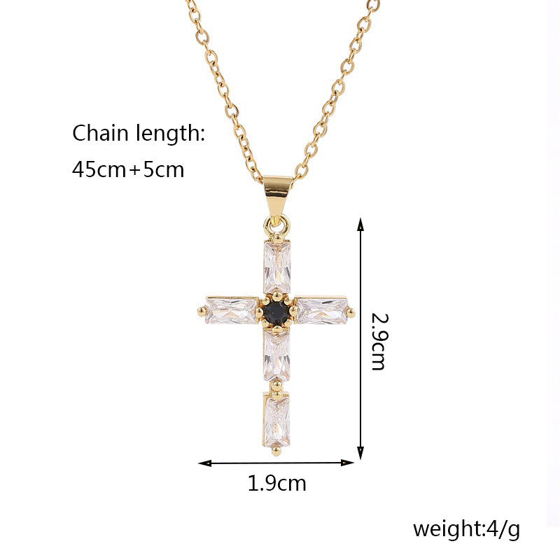 Retro Religious Copper Inlaid Zirconium Real Gold Plating Cross Necklace