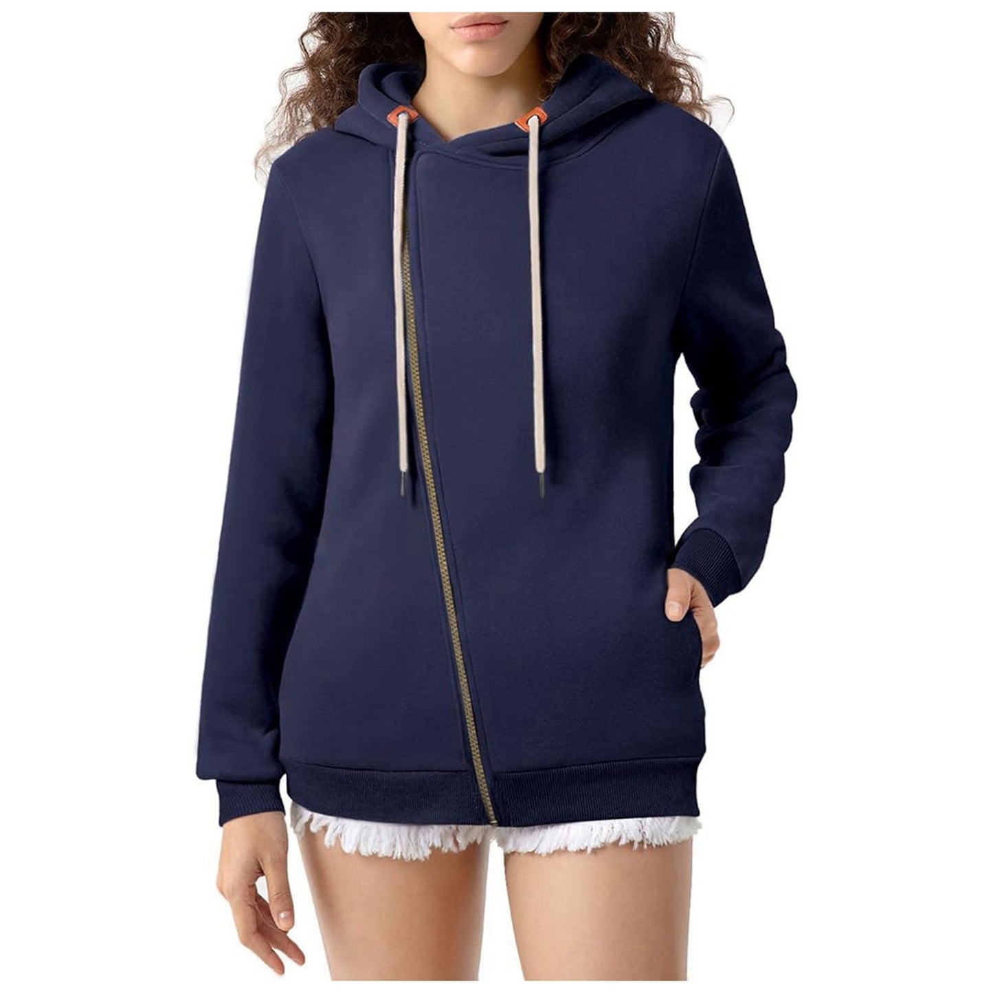 Women's Pocket Hooded Sweater Solid Color Zipper Hooded Sweatshirt