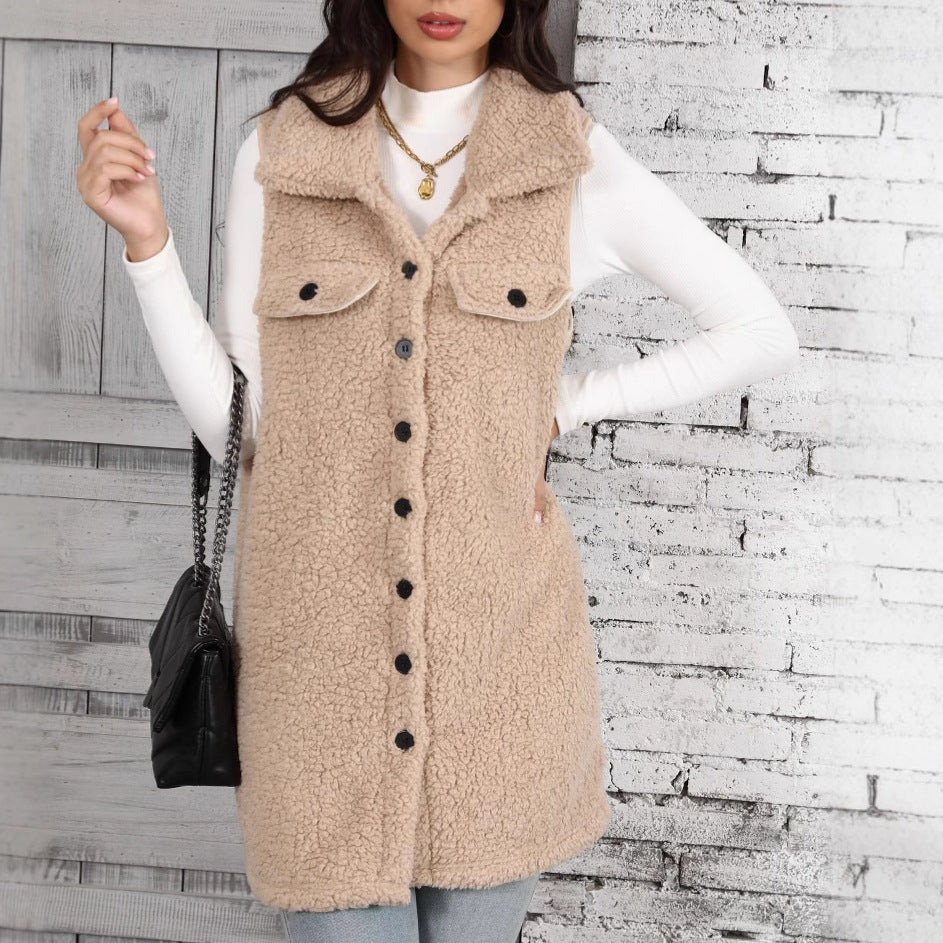 Autumn And Winter New Polo Collar Sleeveless Loose Cardigan Vest