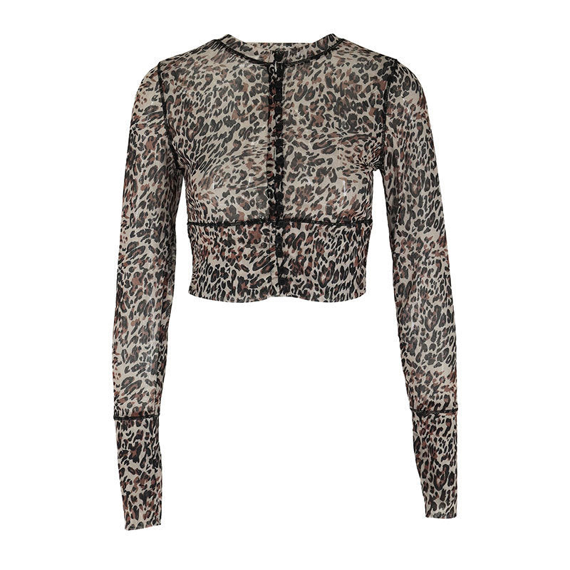 Leopard Print Slim Long Sleeve Top Fashion Women's Wear