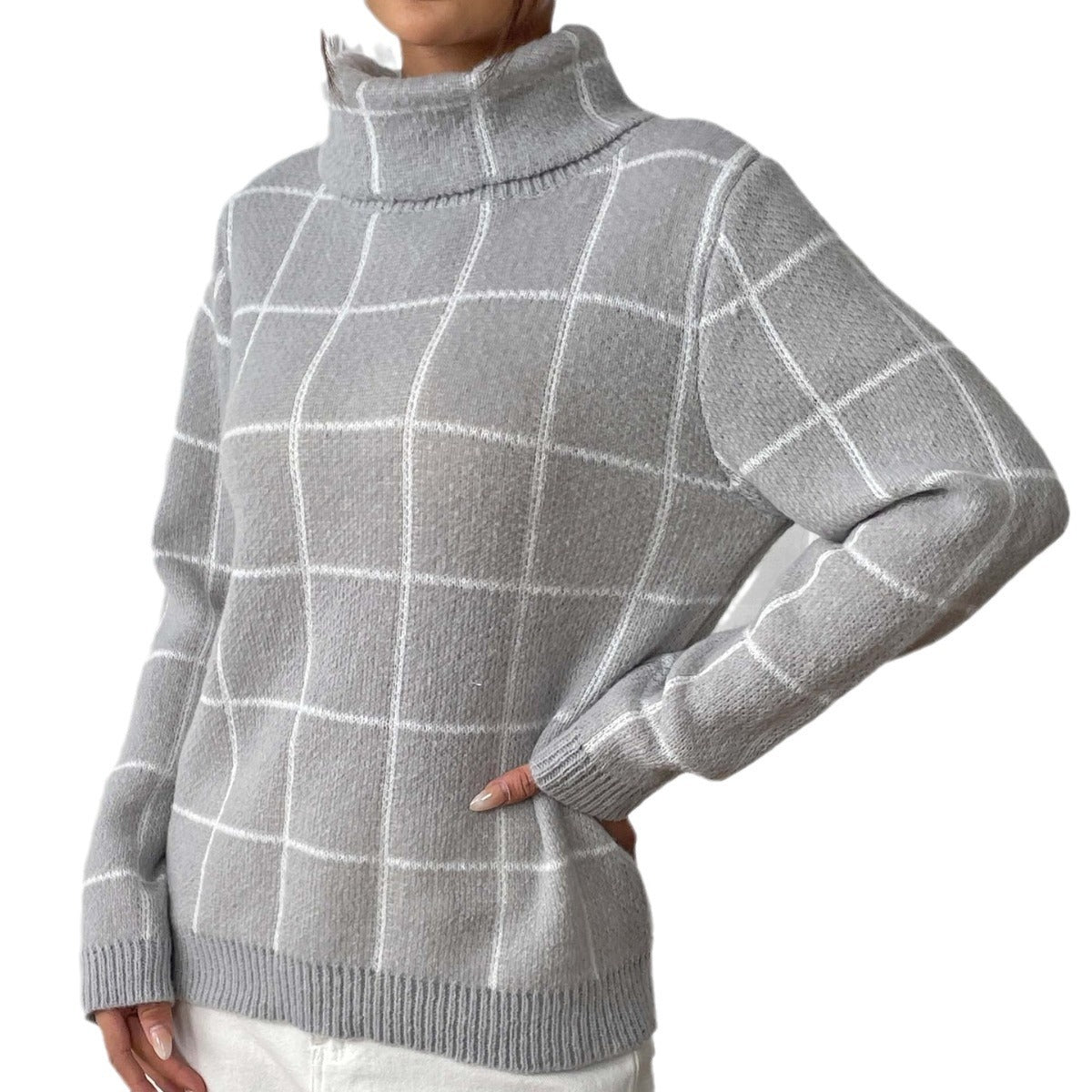 Women's Pullover Color-contrast Check Turtleneck Sweater