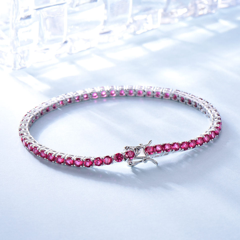 S925 Sterling Silver Tennis Chain Full Diamond Ruby Bracelet