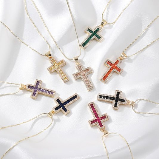 European And American Fashion Copper Micro Inlaid Zircon Cross Necklace Religious Design Hip Hop Style