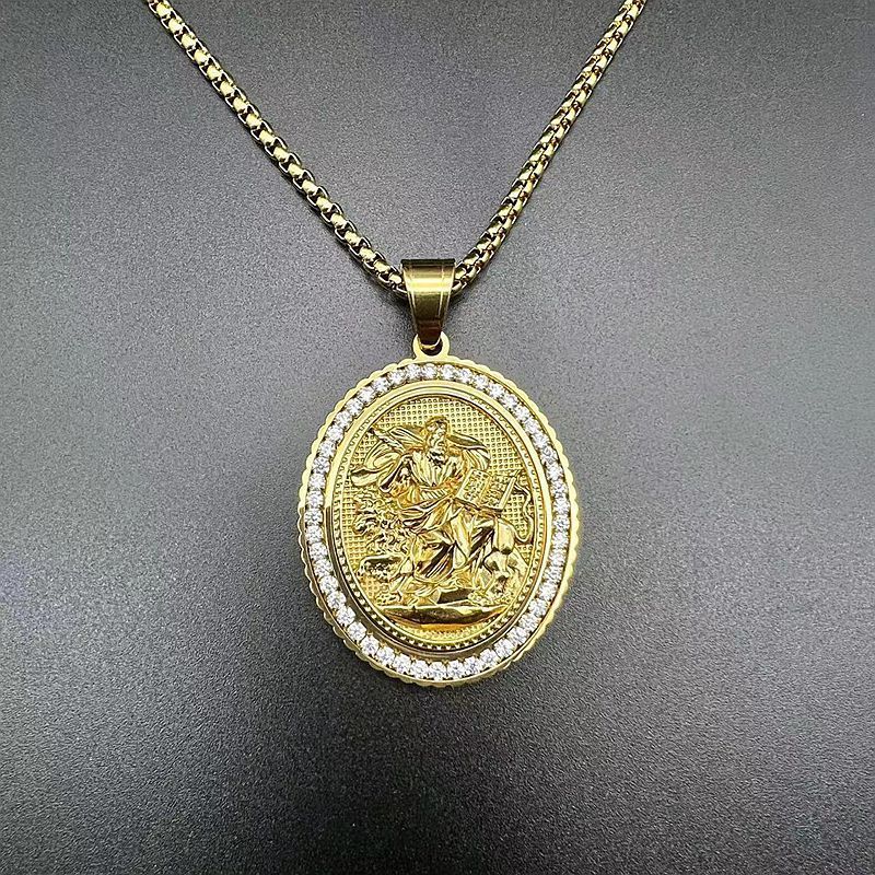 Embossed Religious Character Stainless Steel Zircon Pendant Necklace