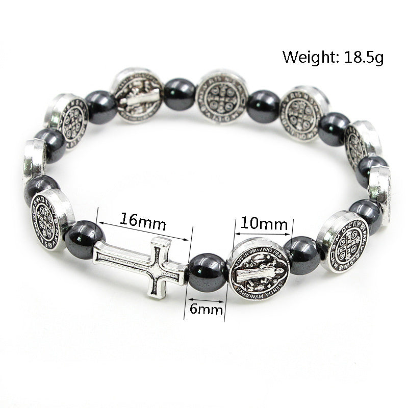 Religious Character Pattern Hematite Rosary Bracelet