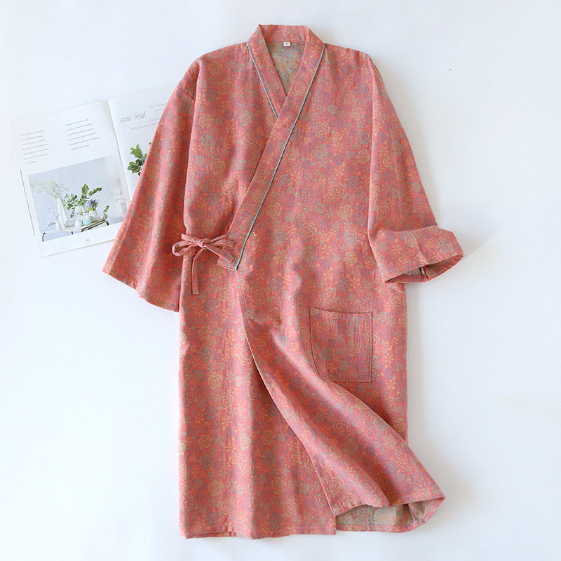 Yarn-dyed Jacquard Nightgown Couple Four Seasons Thin Double-layer Gauze Kimono Robe