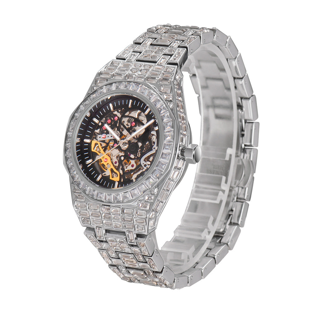 Hip Hop Full Square Diamond Luminous Hollow Mechanical Watch