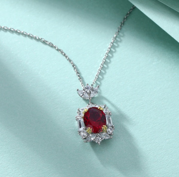 Egg-shaped Ruby Round Zircon Pendant Sterling Silver Necklace