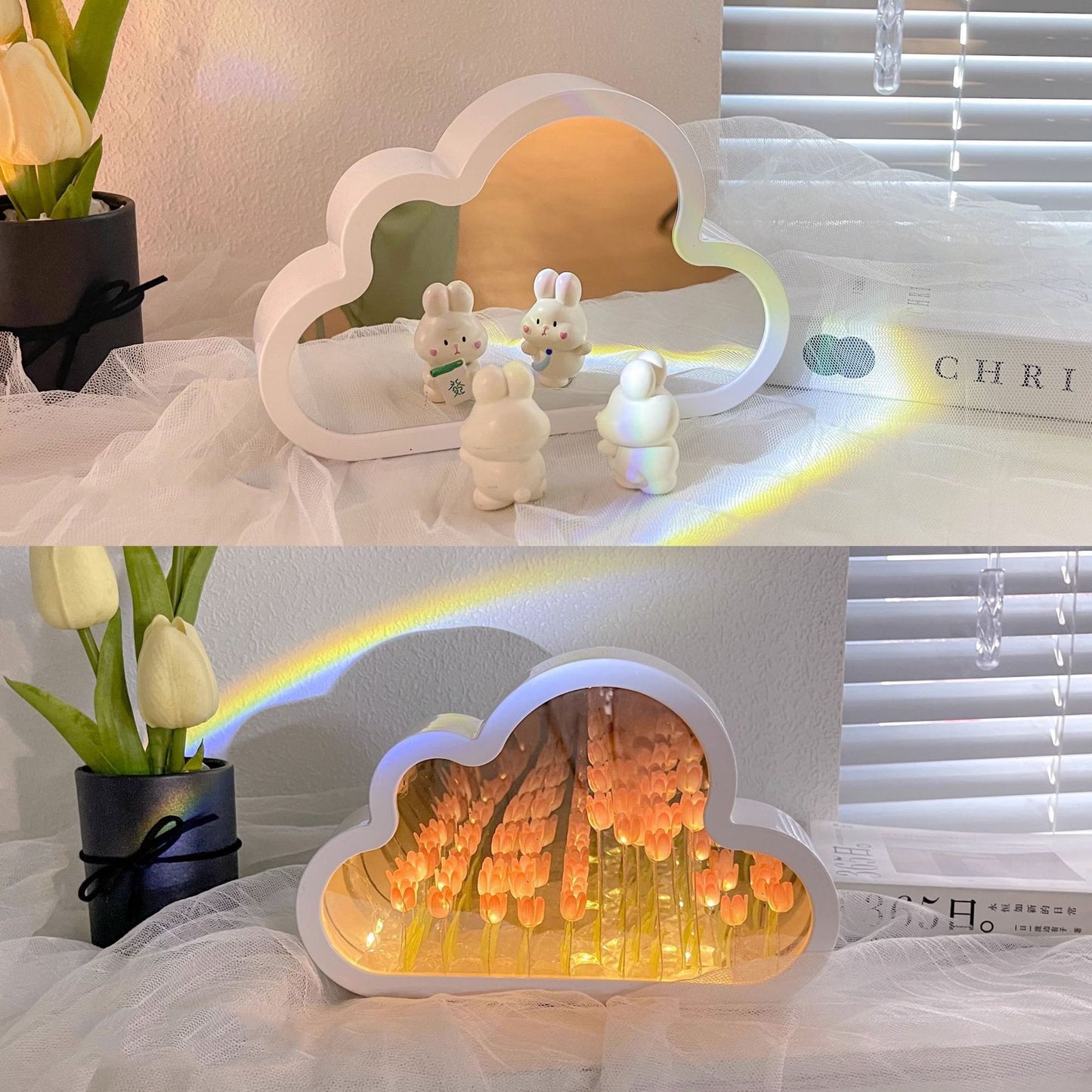 Tulip Night Lamp DIY Material Cloud Tulips Night Lamp Decorative Mirrors Photo Frame LED Table Lights Korean Creative Desk Bedroom Handmade Birthday Gifts