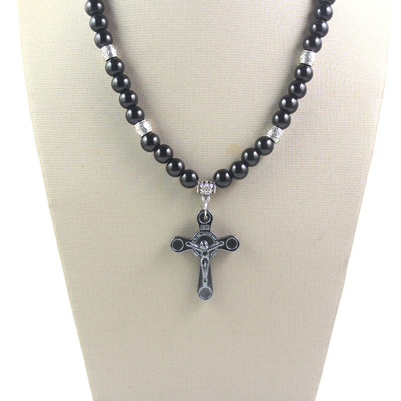 Men's Black Ball Cross Religious Necklace