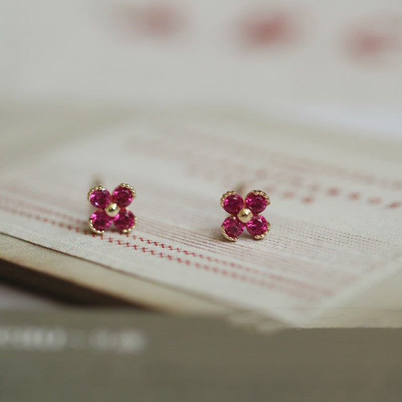 925 Silver Rose Red Little Flowers Ruby Stud Earrings